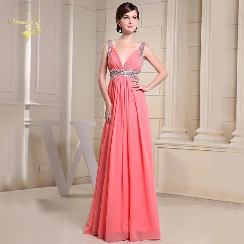 

Женское вечернее платье с v-образным вырезом Jeanne Love, шифоновое длинное вечернее платье кораллового цвета с вырезами и блестками