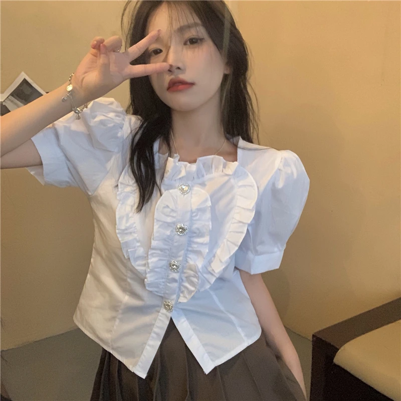 

Шикарная модная белая рубашка, женские летние топы с квадратным вырезом и рукавами-фонариками, милая Женская Офисная рубашка для девушек, б...