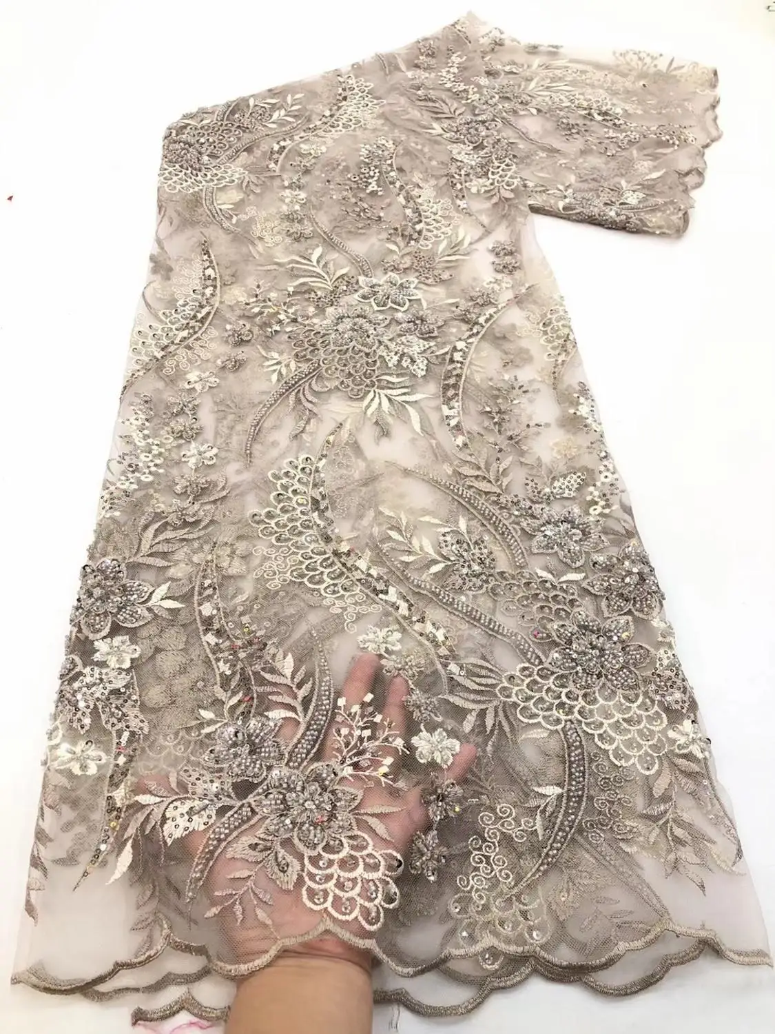 

Latest African French Net 2021 Pearl Sequence High Quality Nigerian Mesh Tulle Handmade Sequins Beaded Lace Fabric Women Dress