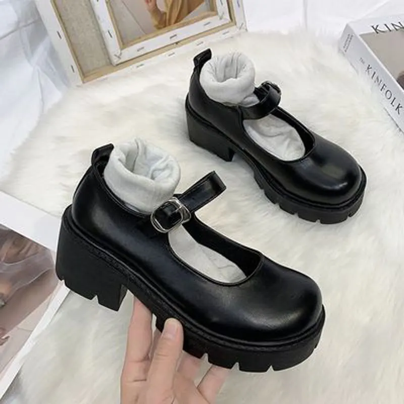 

2021 Lolita Shoes Women Japanese Style Vintage Block High Heels Fashion PU Leather Platform Pumps Round Toe Buckle Cosplay Shoes