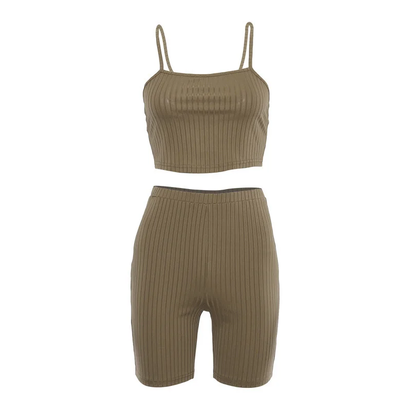

Leggings Sport Suit Clothing 2021 Knitting Sleeveless Crop Top+short Pant Female High Waist Knitting Y2k Khaki 2 Piece Set Women