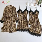Комплект леопардовой пижамы, 4 предмета, кружевной халат, Ночная одежда, атласный халат, женская пижама с брюками, шелковый халат, сексуальное нижнее белье, одежда для сна 20Jn