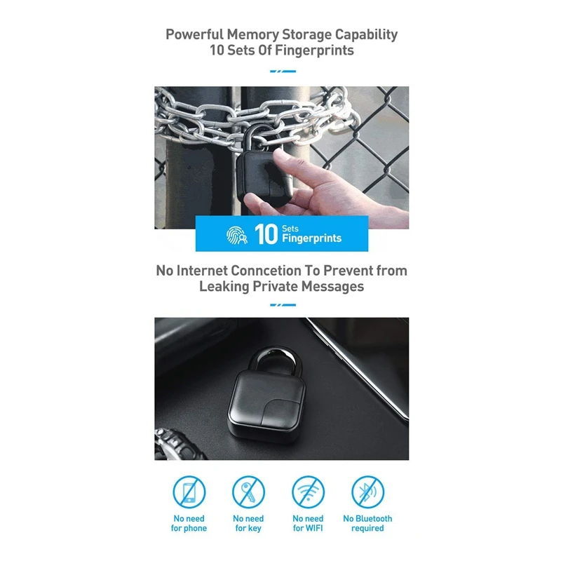 Smart Biometric Fingerprint Padlock Rechargeable Cable for Office Backpack Locker Golf Bags Handbags |