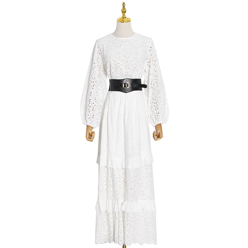 

Crewneck lantern sleeve long sleeve ruffled with belt heavy industry embroidery hollow Outfits 28354