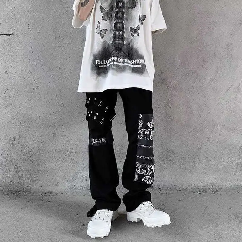 

Hip-hop patchwork trousers men printed trousers American high street style vintage straight casual loose aesthetic pants trend