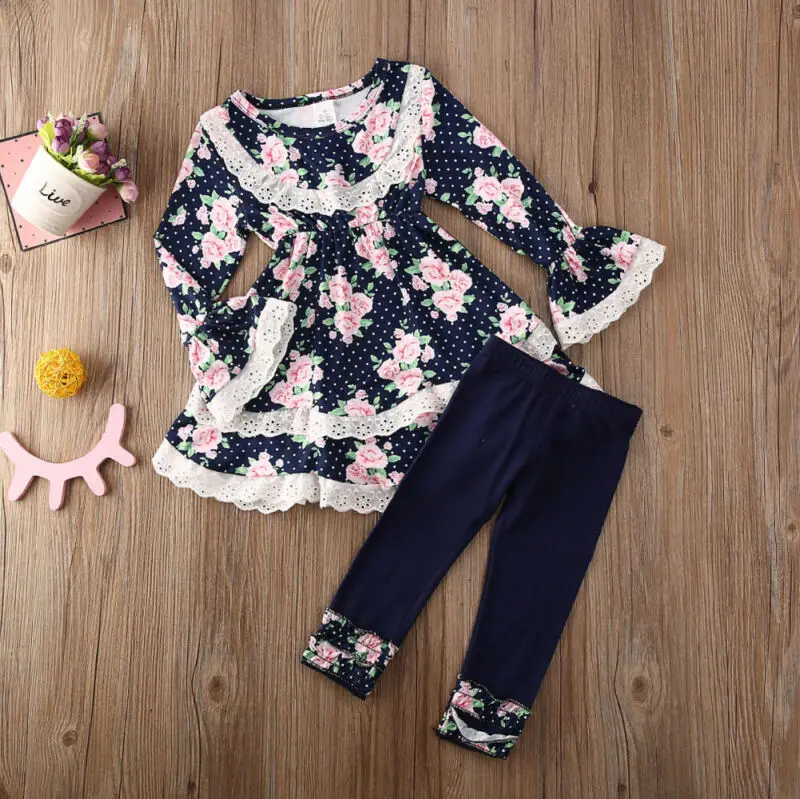Детская одежда для маленьких девочек кружевной топ с цветами штаны леггинсы