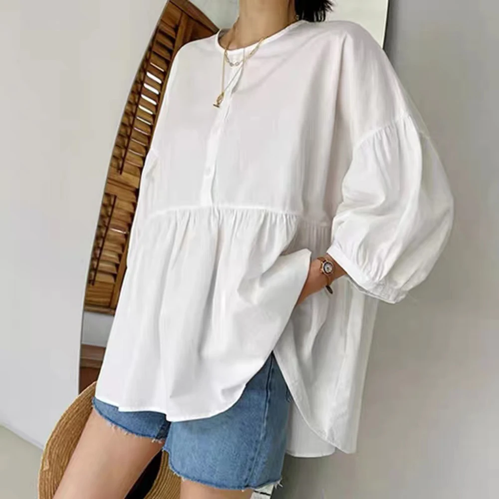 

Korean Fashion Autumn New 2021 Loose Casual Blouse Solid Color Simplicity Round Neck Long Sleeve Folds Women's Clothing