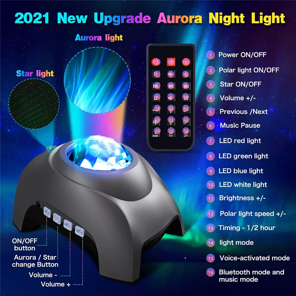Новейший Звездный проектор 2021 года ночник Aurora с белым шумом USB музыка звездная