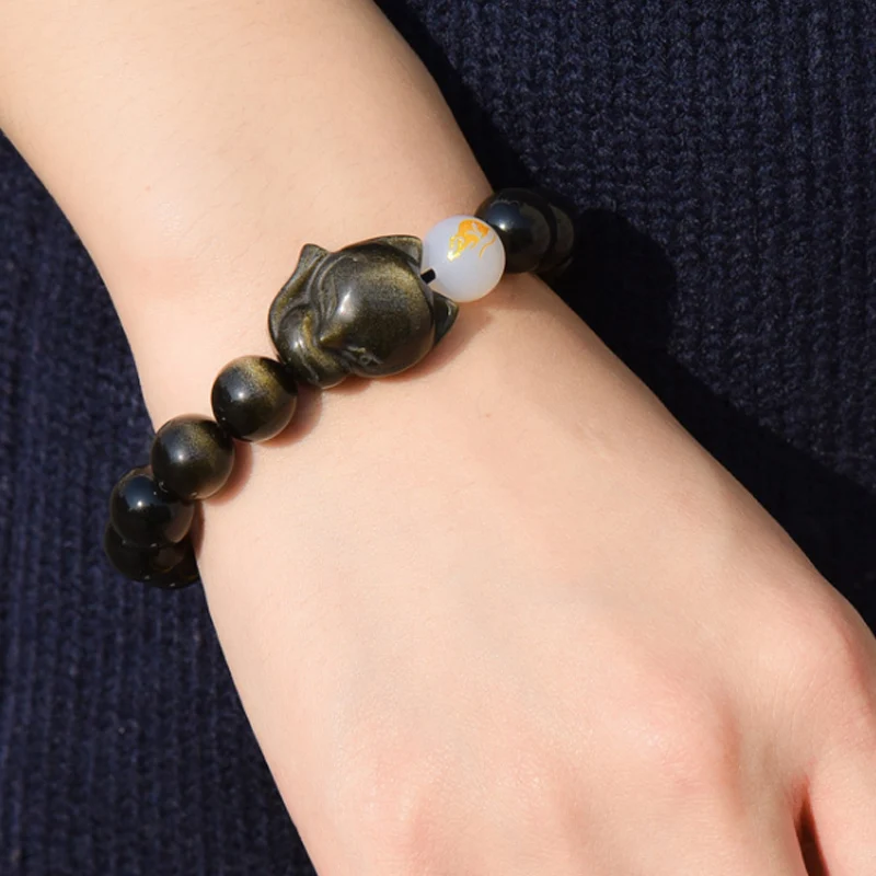 Natural Black Yaoshi Male And Female Fox Zodiac Bracelet Moves Money To Transfer lovers' Gold Yaoshi Buddha Pearl Bracel