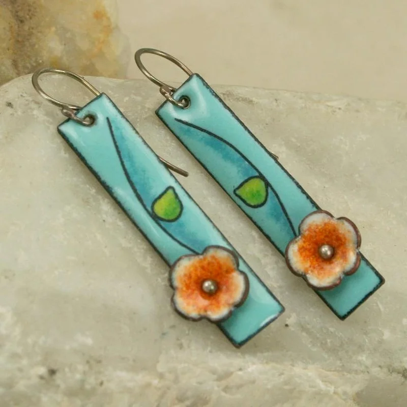 

2021 Wholesale Vintage Pendientes Painted Flower Enamel Blue Earrings for Women Boho Jewelry Red Crystal Hook Dangle Earrings