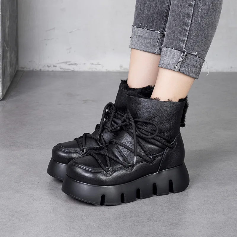 

Женские ботинки на танкетке YourSeason, Теплая Зимняя шерстяная обувь с круглым носком, ботинки ручной работы из натуральной кожи на шнуровке