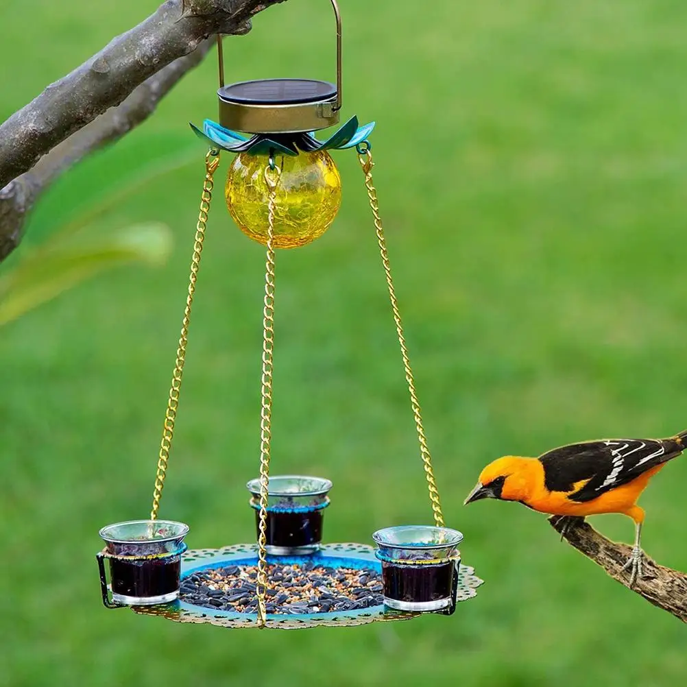 

New Design Solar Bird Feeder Hanging Solar LED Bird Feeder Outdoor Bird Feeders Lights Metal Seed Tray Waterproof For Yard Decor