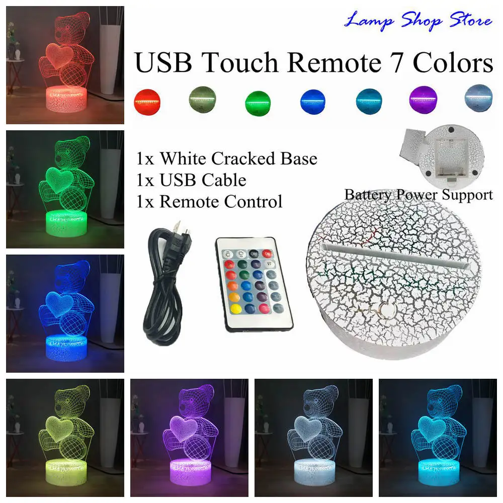 W-USB Remote 7 color Милый детский Рождественский подарок USB маленький милый медведь в виде сердца 3D светодиодный RGB Ночной светильник атмосферная настольная лампа для маленьких девочек Декор для спальни - Испускаемый цвет: W-USB Remote 7 color
