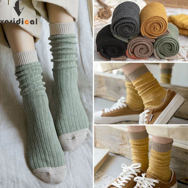 Organic Cotton Woman Girl Short Socks Thick Loose Breathable Vintage Young Casual Striped Harajuku Warm Socks High Quality