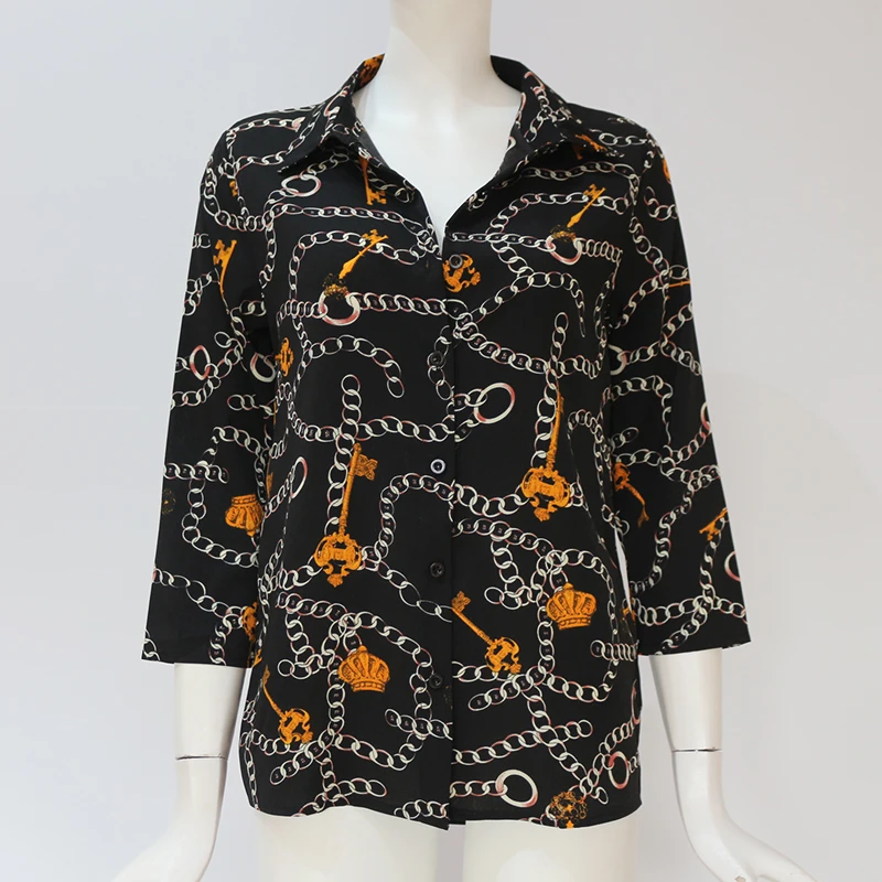 

2019 Blouse Women Chain Print Long Sleeve Chiffon Blouse Lady Vintage Office Blouse Turn-Down Collar Shirt Loose Plus Size Tops