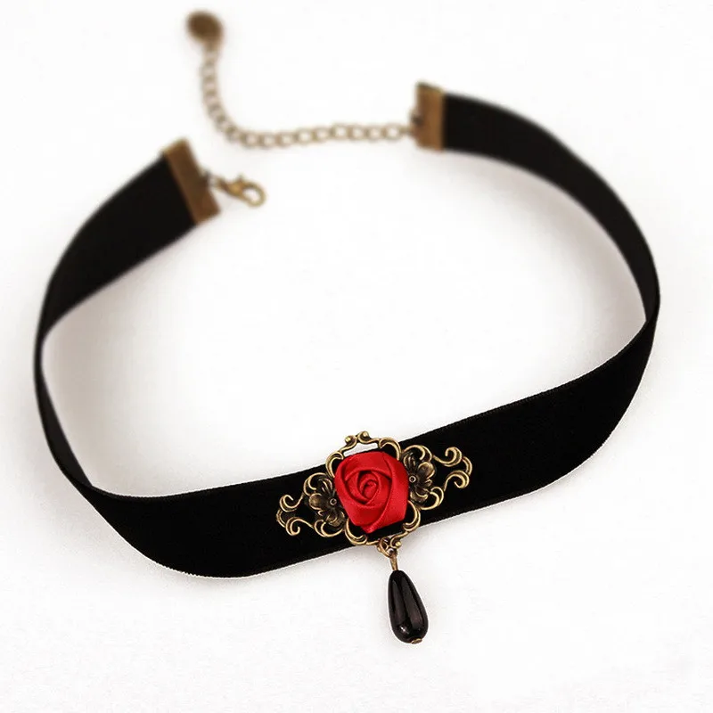 

New Vintage Elegant Red Rose Water Drops Choker Necklace For Women Gothic Jewelry Accessories Party Statement Pendant Necklace