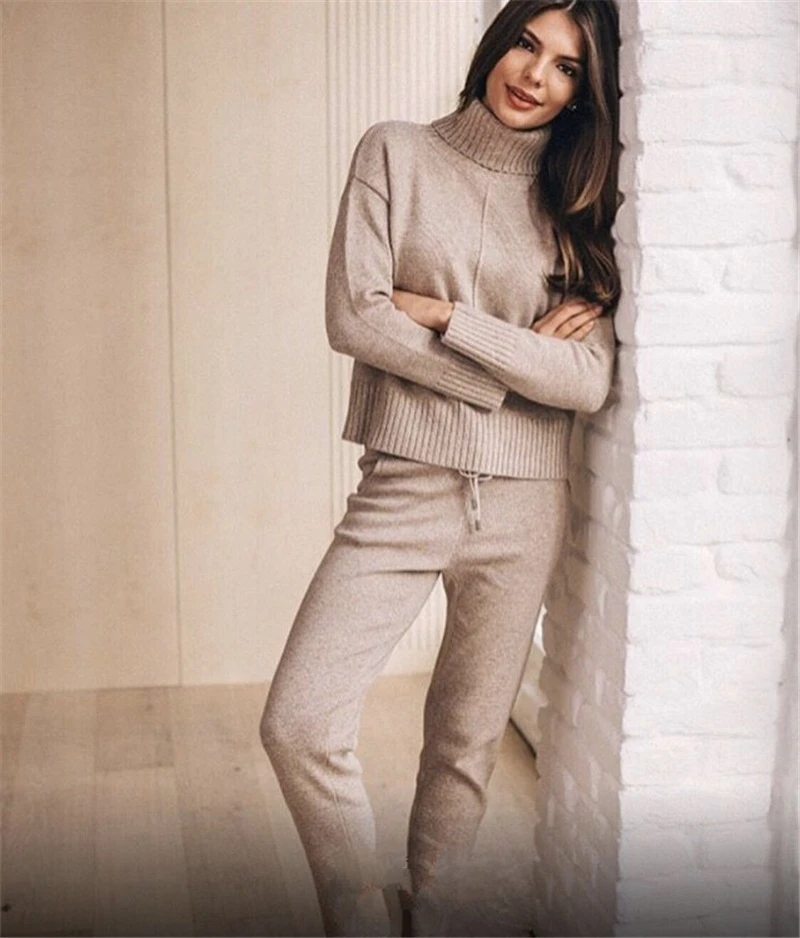 

Knit Suit Fashion Turtleneck Sweater And Trousers Two-piece Sweat Suits Full Drawstring Women's New 2020 Cotton Pullover Casual