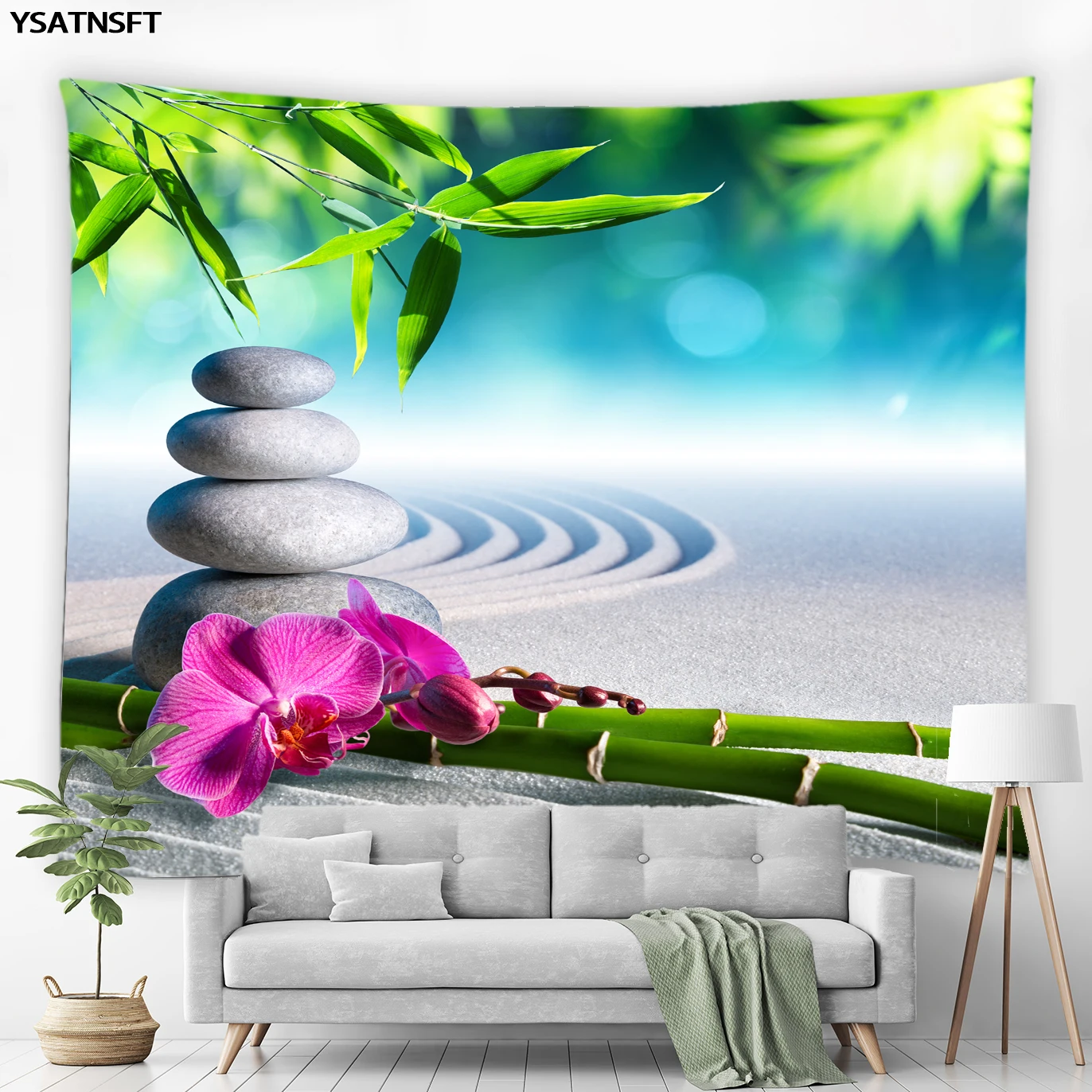 

Zen Desert Floral Tapestry Wall Hanging Decor Lotus Bamboo Stems Stone Garden Scenery Art Wall Cloth Tapestries Blankets Carpet