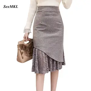 SEXMKL Faldas Mujer Moda 2019 Женщины Высокой Талией Кружевные Лоскутные Юбки Корейская Уличная Одежда Юп Femme Midi Юбка-Карандаш Плюс Размер