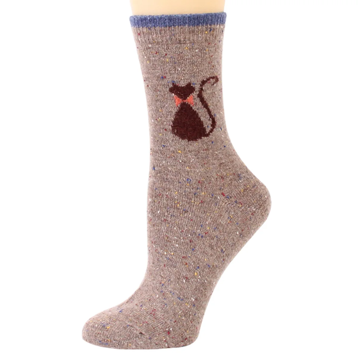 12 Pairs Women Wool Socks Animal Cat Pattern Winter Crew Socks Soft Thick Warm Casual Wool Socks Mid Calf