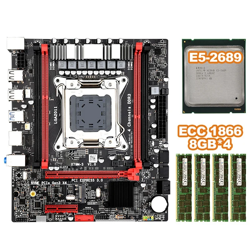X79MS LGA2011 набор материнских плат комбо с E5 2689 4-Ch 4x8 Гб оперативной памяти 32G 1866 МГц DDR3