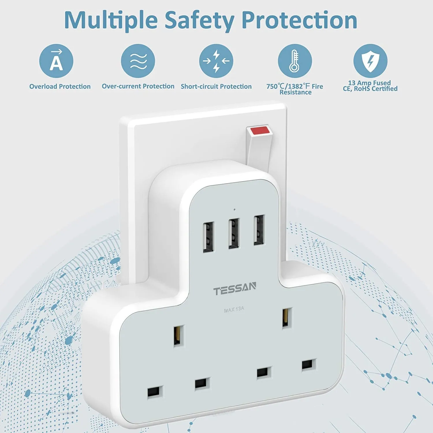 

TESSAN 5 In 1 Multi Sockets UK Plug Extension Power Strip with 2 Outlets 3 USB Ports 3250W Wall Charger Adapter for Home Travel