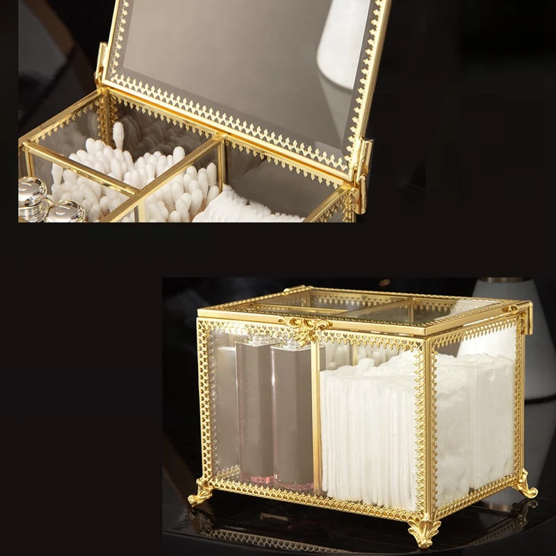 

Makeup Organizer Box Brass Frame Cosmetic Cotton Glass Display Cases Dresser Dustfree Antique Decorative Storage Box