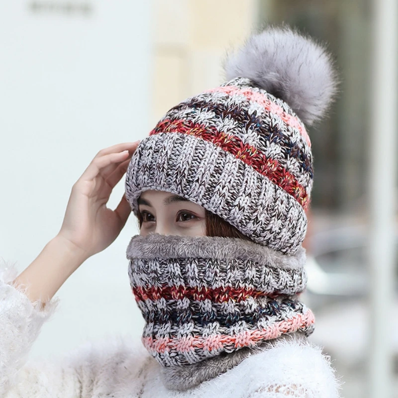 

Women Winter 2Pcs Pompom Beanie Hat Circle Scarf Set Multicolor Striped Knit Skull Cap Plush Lined Neck Warmer
