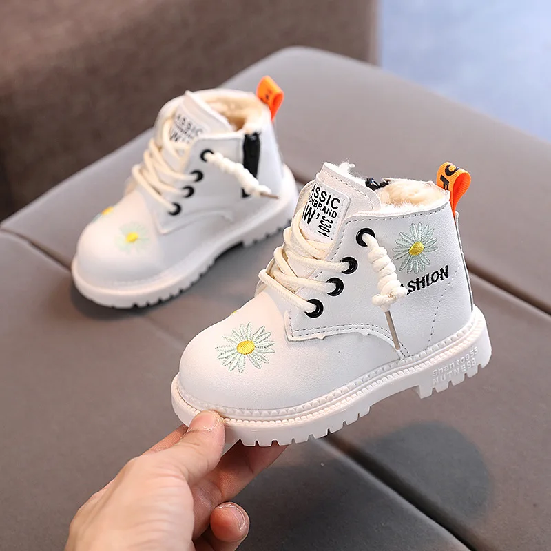 

Children Boots Girls Soft Antislip Fashion Embroidered Flower Side Zipper Warm Martin Boots Baby Toddler Boots Boys Snow Boots
