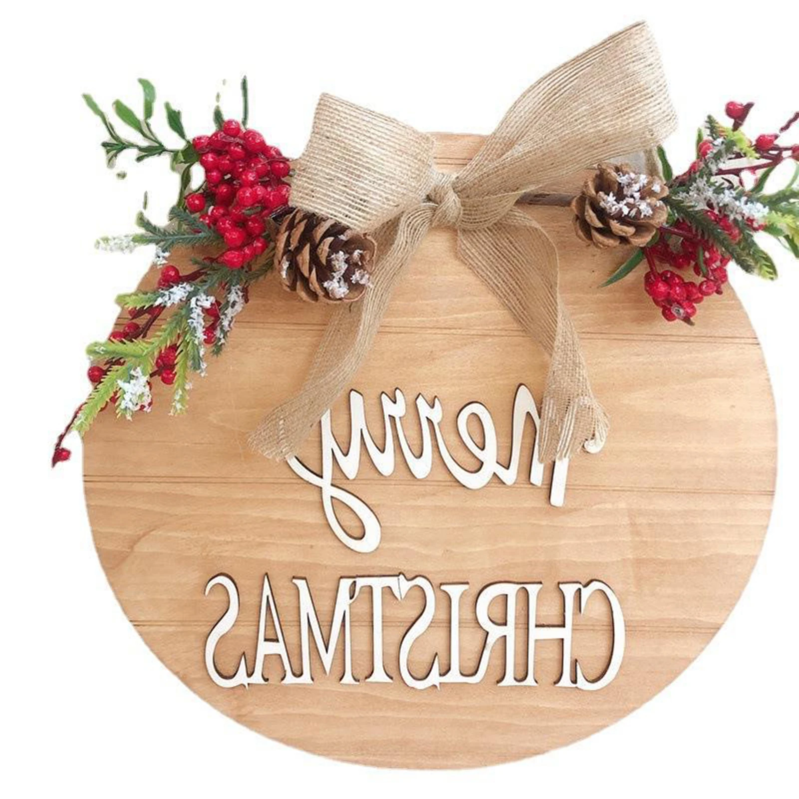 

Merry Christmas Welcome Sign for Front Door with Red Fruits & Bow Christmas Wood Signs Home Festival Party Supplies WWO66
