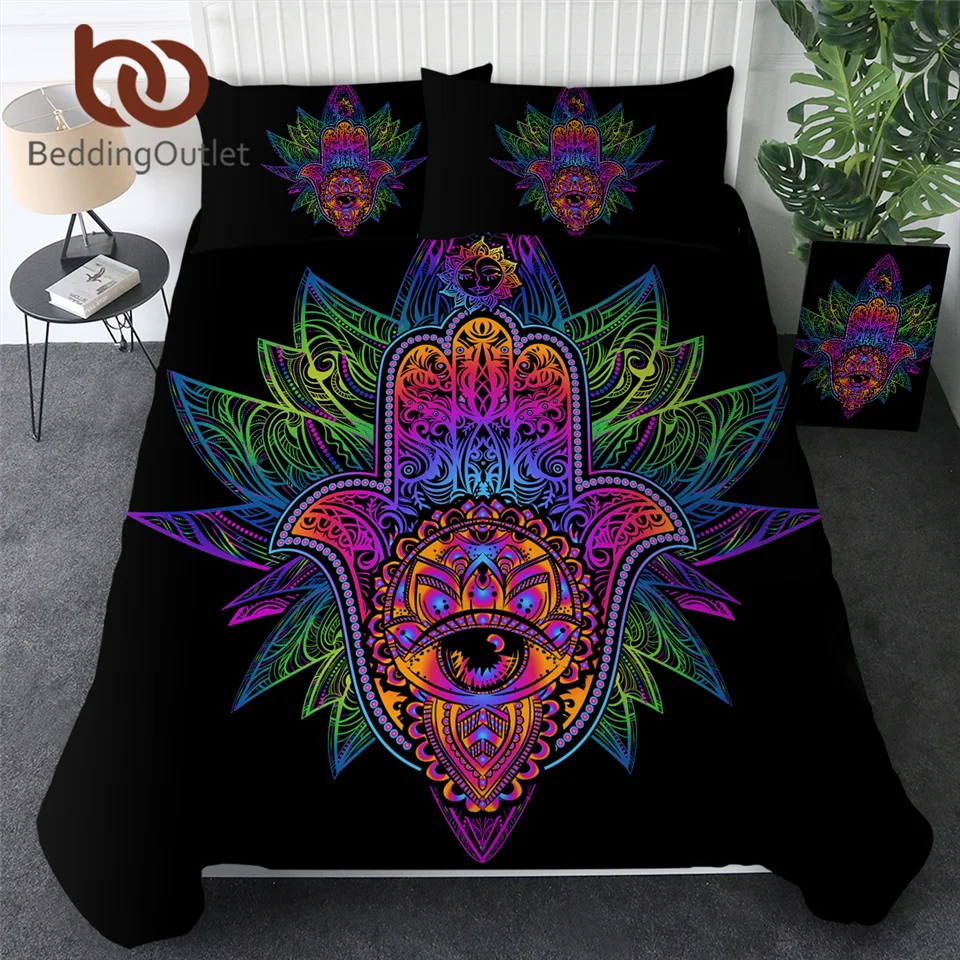 BeddingOutlet Hamsa Hand Duvet Cover With Pillowcase Black Dark Blue Bedding Set Vintage Soft Microfiber Quilt Cover Set 3Pcs