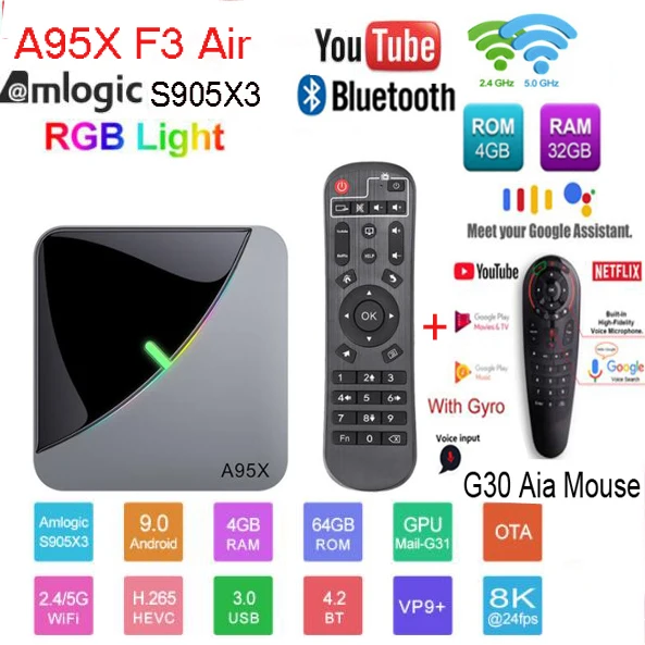 4G 32G G30 Android 9,0 RGB светильник Smart tv Box Amlogic S905X3 USB3.0 1080P H.265 4K 60fps Wifi Google Play Netflix Youtube A95X F3 Air 8K - Цвет: 4G 32G G30