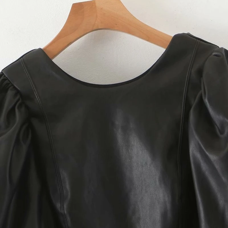 

YOSIBCD Women 2021 Sexy Fashion Faux Leather Puff Sleeve Cropped Blouses Vitnage Backless Drawstring Female Shirts Chic Tops