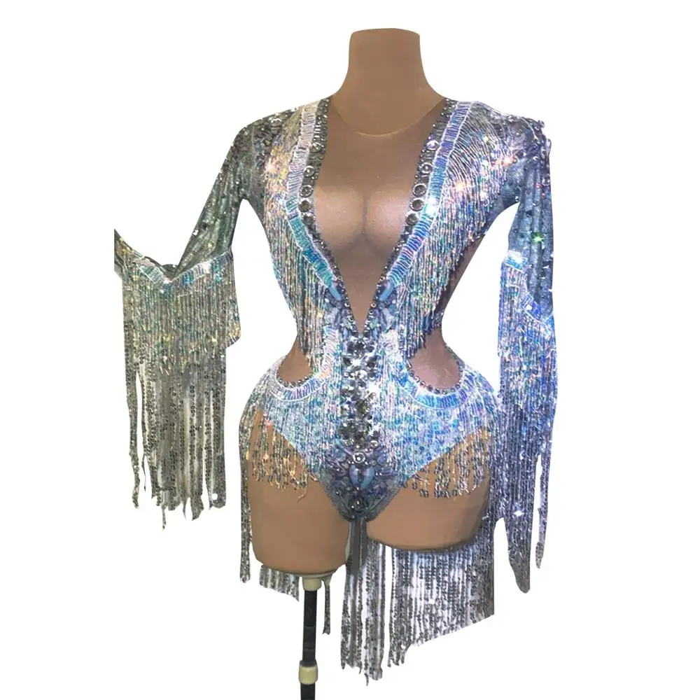 

Sparkly Rhinestones Sequin Tassels Bodysuit Stretch Long Sleeve Leotard Nightclub DJ Singer DS Costume Party Show Stage Outfits