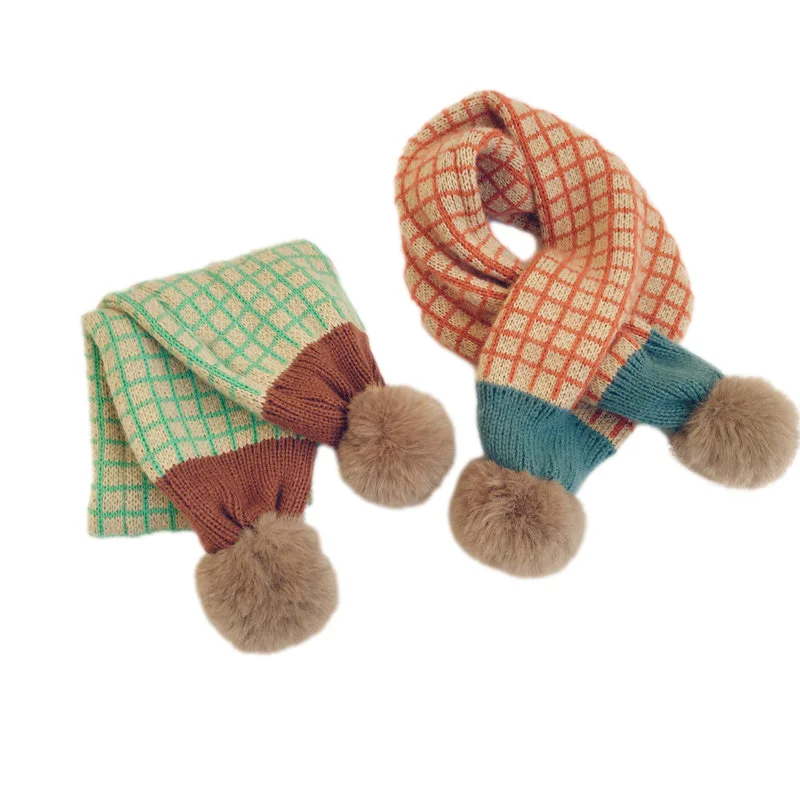 Children's Scarf Knitted Faux Fur Pompom Kids Snood Scarf for Boy Winter Neck Warmer Plaid Scarves Babies Girls Accessories