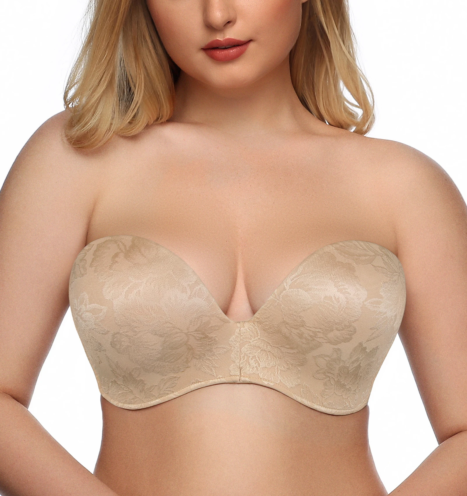 Strapless Bra Women Push Up Padded Seamless Bralette Plus Size Invisible Brassiere Wireless  D F Cup Underwear BH Femme Jacquard