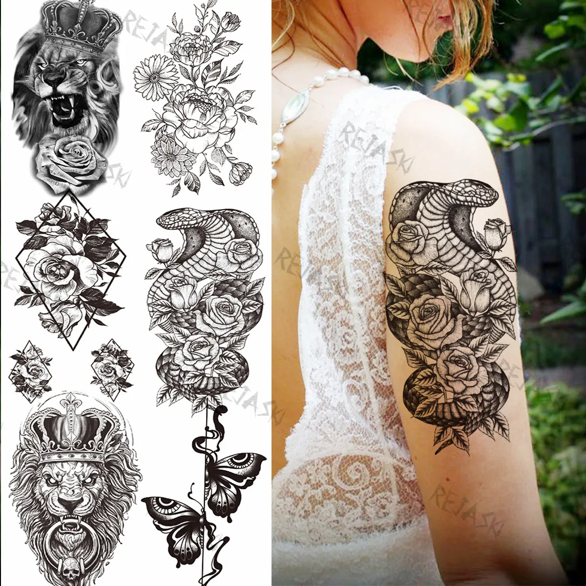 

Временные 3d-татуировки для женщин и мужчин, черная змея, роза, змея, Лев, Бабочка, Реалистичная поддельная татуировка, переводной нарукавник ...