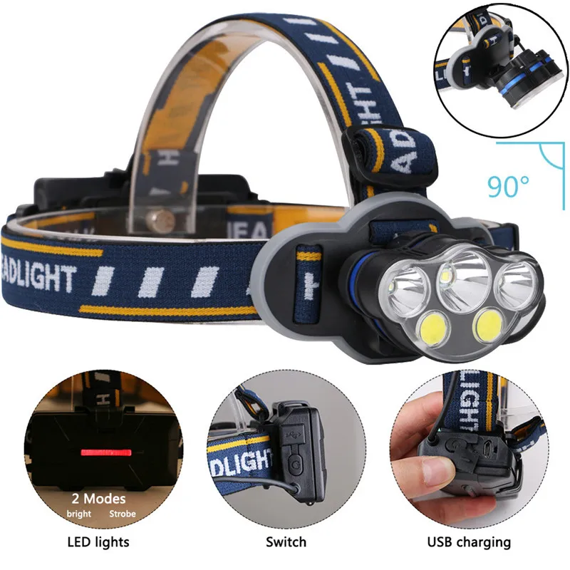 Фара светодиодная аккумуляторная лампа T6 налобный фонарь USB 18650 безопасность и