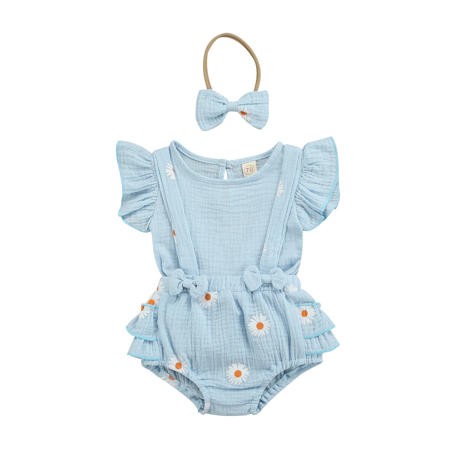 

3Pcs Baby Newborn Girls Floral Print Sets Flying Sleeve Tops Daisy Print Suspender Shorts Headband Infant Toddler Sets 0-18M