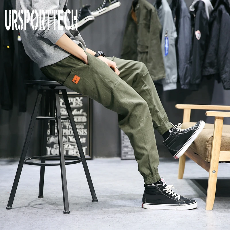 Мужские брюки-карго в стиле хип-хоп черные однотонные облегающие брюки-джоггеры