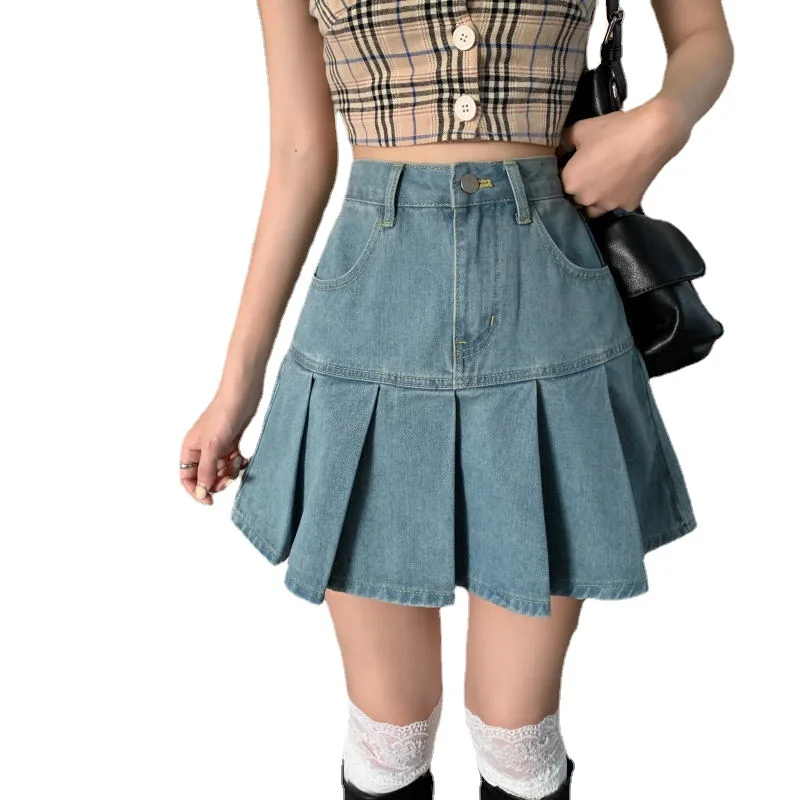 

Women Jeans Skirts High Waist Pleated Skirts Harajuku Zipper A-LINE Mini Skirts Y2K Skinny Retro Skirts Womens 2021 Gothic Skirt