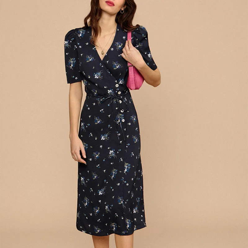 

Лето Женское приталенное платье с v-образным вырезом, сексуальное, Разделение Цветочный Принт Длинное Платье Хай-стрит Элегантные платья же...