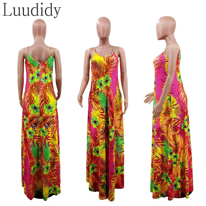 

Women Casual Loose Waist Spaghetti Strap Print Sleeveless Maxi Dress