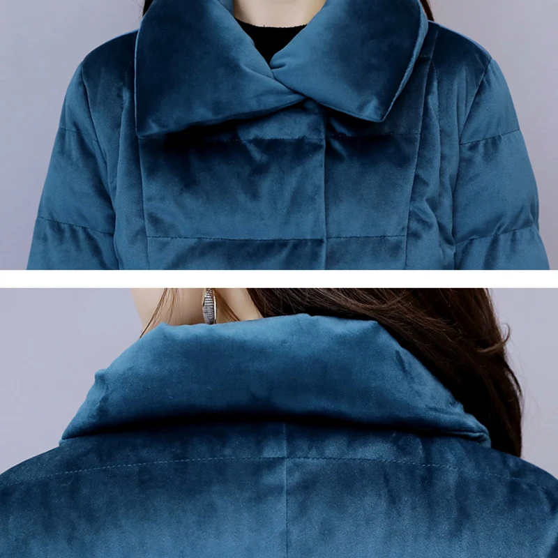 Однотонное пуховое хлопковое пальто, Женская приталенная бархатная куртка золотого цвета, новинка, зимнее теплое пальто, длинные парки, женская верхняя одежда AN097