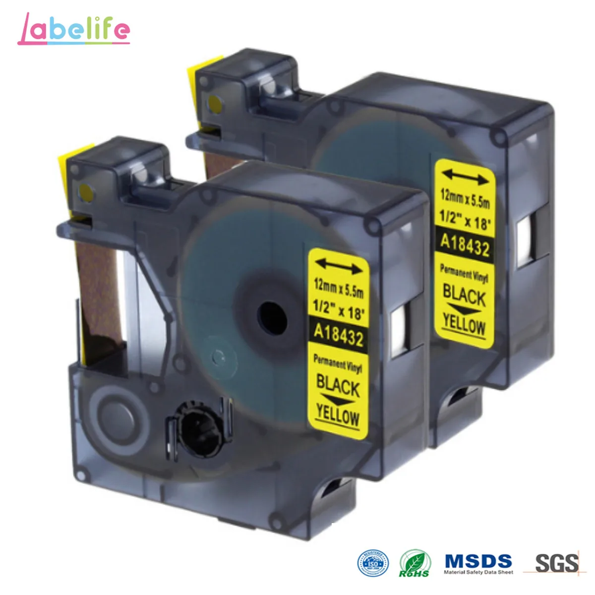 Labelife 2 Упаковка 18432 для DYMO Rhino этикетки черный на желтый 12mmX5.5m промышленные