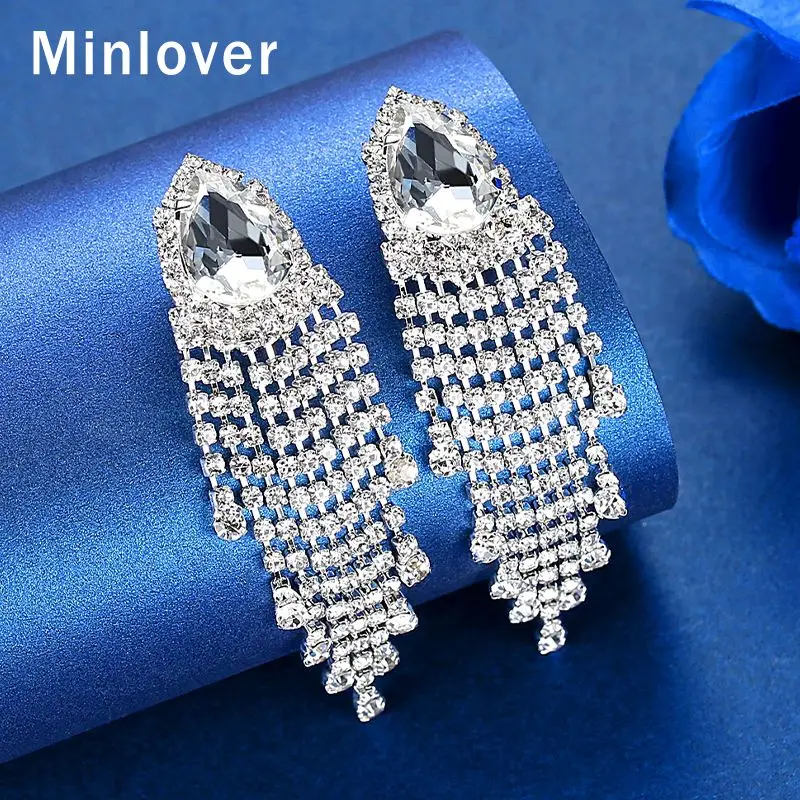 

Minlover серебряного цвета со стразами Висячие серьги для женщин камни в форме капли Свадебные кисточкой Висячие серьги ювелирные изделия MEH1636