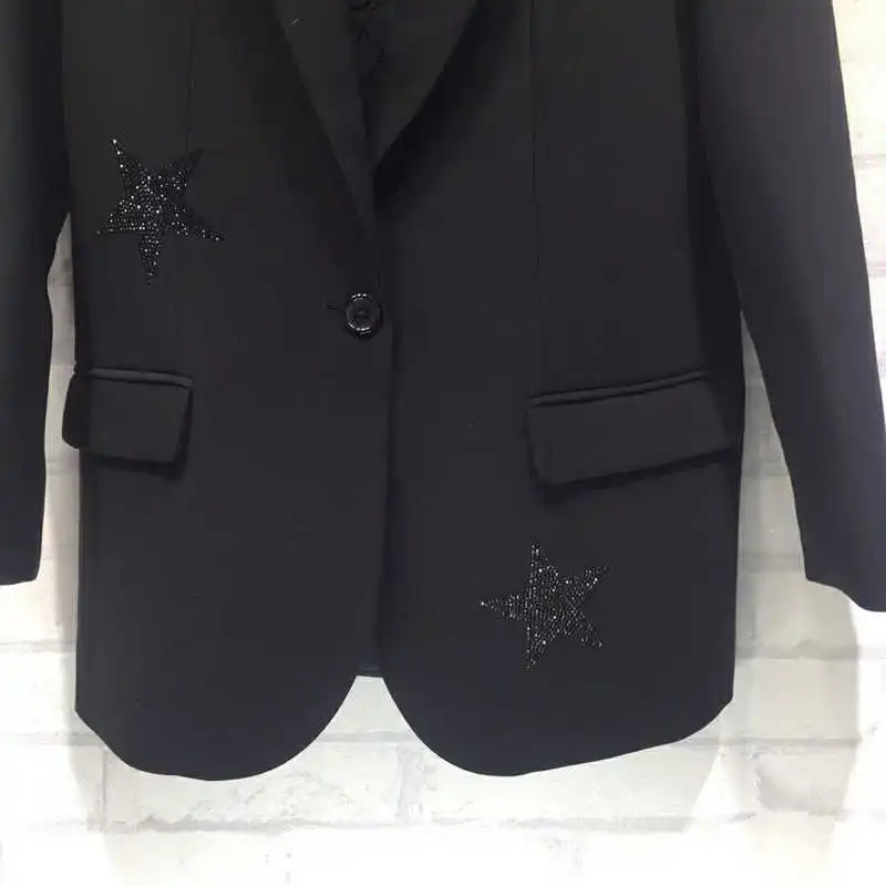 

Woman Black StarStrass Rhinestone Blazer Single Button Long Sleeves Fashion Suit Coat 2021 SS