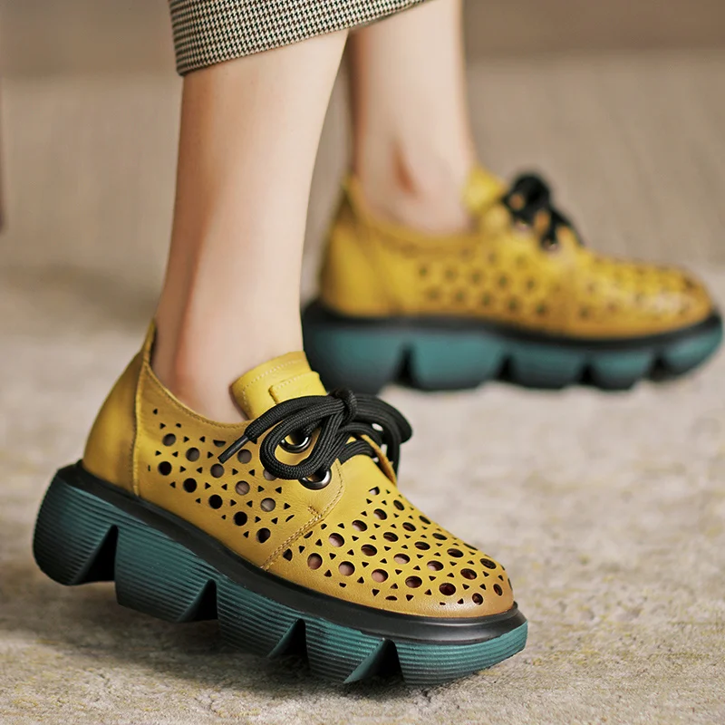 

Genuine Leather Women Retro Frenulum Wedges Sandals 2021 New Style Handmade Concise Leisure Ladies Platform Single Footwear