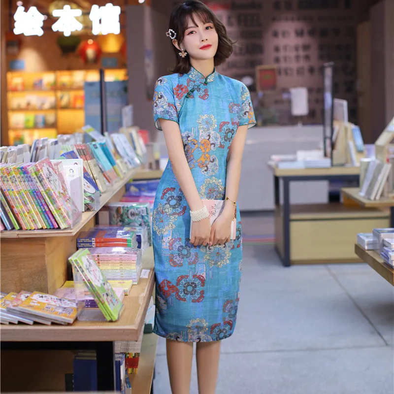 

Vintage Oriental Female Short Sleeve Cheongsam Traditional Women Cotton Linen Printed Qipao Novelty Chinese Formal Dress M - 3XL