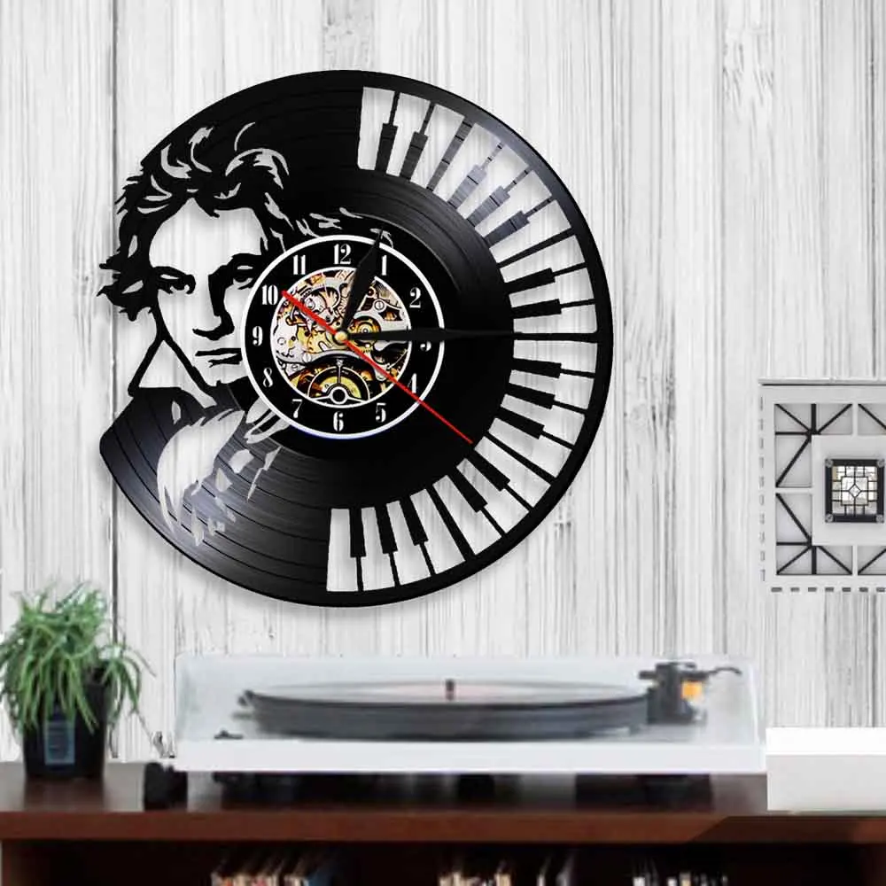 Настенные часы Beethoven для портретного искусства на фортепианной клавиатуре, винтажные настенные часы с виниловой записью, симфония, классический подарок для любителей музыки